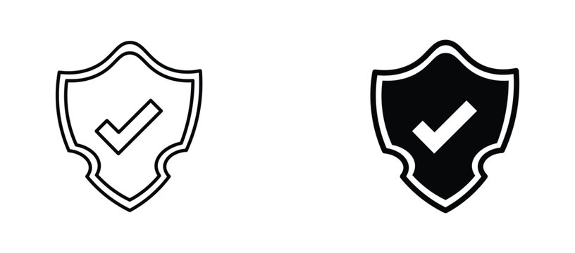 Minimalist shield icons with checkmark, black and white security symbols, verified protection vector set for web interface and data safety
