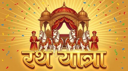 Obraz premium Jagannath Rath Yatra royal chariot with decorated horses and traditional attendants in festive celebration scene representing hindu culture devotion heritage india spiritual