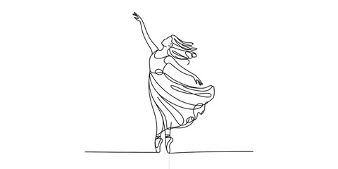 Continuous single line drawing of a graceful ballerina dancing in a flowing dress Vector, illustration © Kanu Art_Gallery