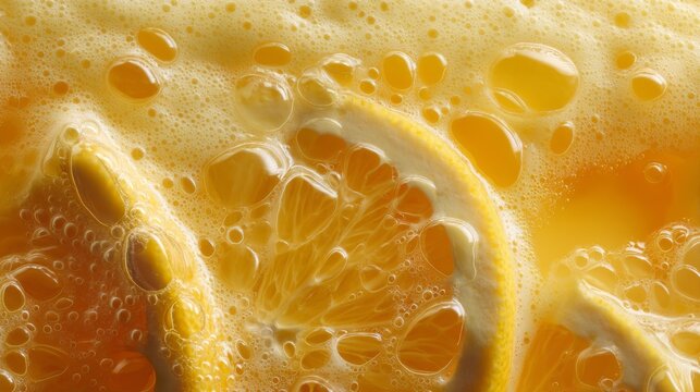 Bubbly Citrus Beverage with Fresh Lemon Slices Floating in Vivid Orange Liquid, Capturing Refreshing Essence of Summer