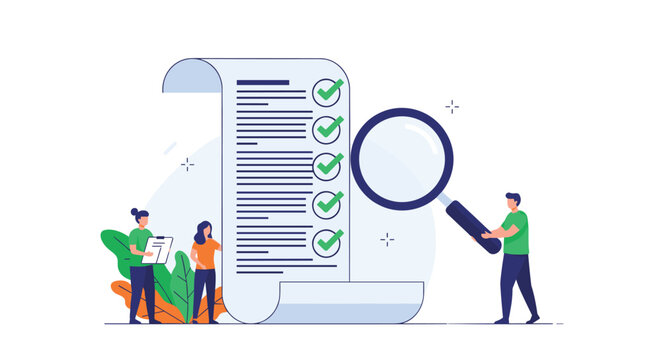 Data auditing and verification process illustration with people using a magnifying glass to inspect a large checklist with green marks.