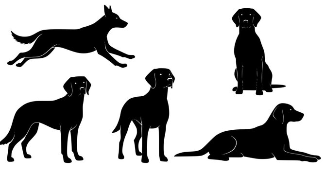 Black Dog Silhouette Set in Multiple Poses Isolated on White Background