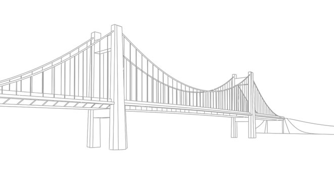 Suspension bridge architectural illustration in monochrome against white background