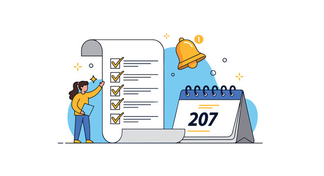 Task scheduling concept featuring a woman checking items off a long list next to a calendar and a golden notification bell for planning.