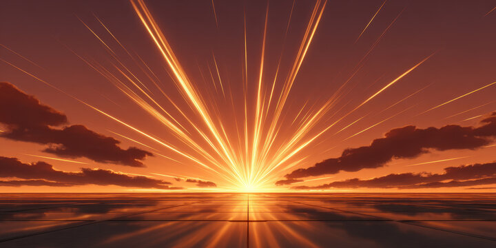 Sunset sky radiant light burst glowing horizon orange cloud reflective surface dramatic sky abstract scene sunbeam twilight landscape warm glow