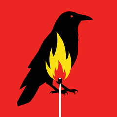 Obraz premium Black crow silhouette perched on burning matchstick on red