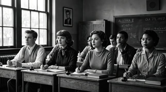 Diverse High School Students in Integrated 1950s Classroom During Algebra Lesson 1957