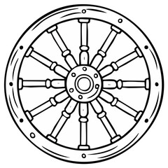 Obraz premium Cartoon wagon wheel illustration with spokes in black and white, drawing of wooden transport equipment