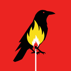 Obraz premium Minimalist black crow silhouette on burning match over red background