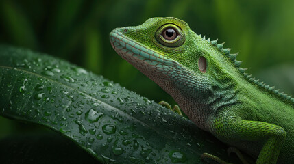 Obraz premium Green lizard on wet leaf in lush forest close up, detailed reptile with dew drops and soft natural light