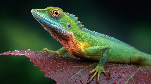Green lizard on leaf close up macro wildlife reptile tropical colorful nature wet detail