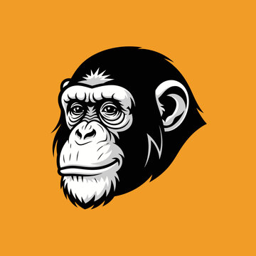 Stylized chimpanzee head mascot illustration on orange background