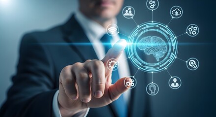 Obraz premium Businessman touching digital brain icon with global network connections