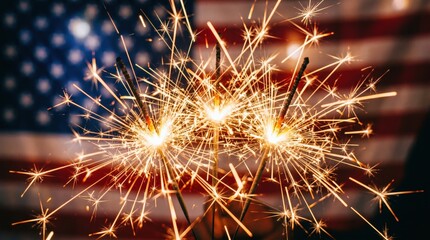 Fototapeta premium Backyard Patriotic Holiday Celebration with Burning Sparklers and American Flag Background