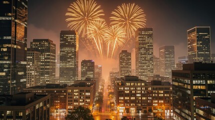 Naklejka premium Fireworks illuminate the night sky above a modern cityscape with tall buildings and streets lit up below.