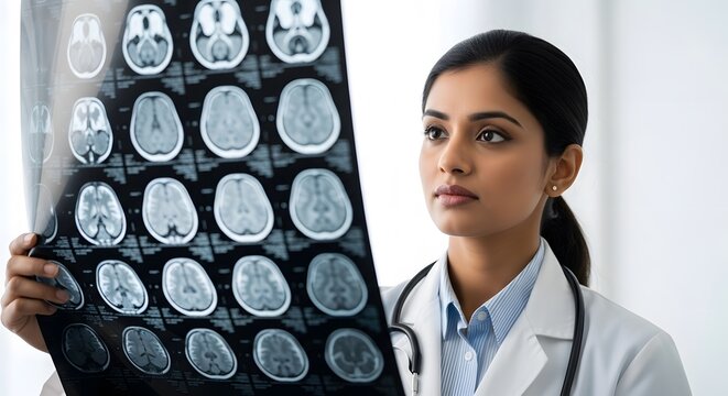 Doctor examines x-ray scan of human brain for diagnosis and medical research