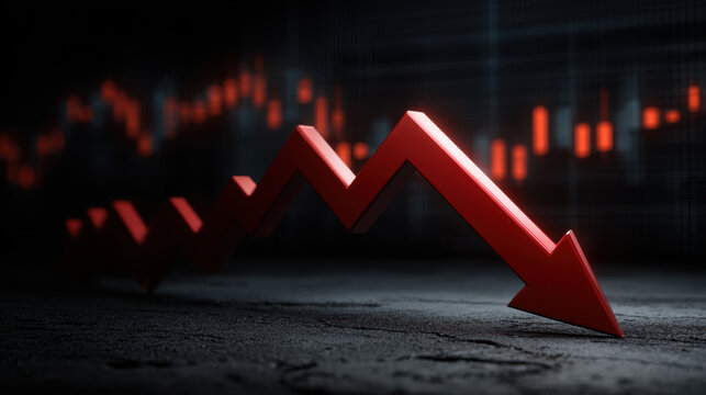 Economic crash background with sharp falling financial graph and red arrow on dark market screen