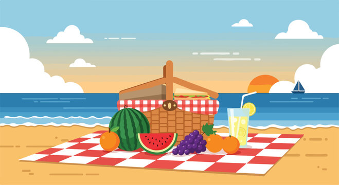 A serene beach with a picnic basket and fruits on a red-and-white checkered blanket