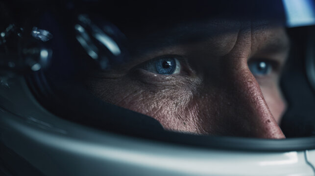 Race car driver in helmet intense eye close up focused racing portrait blue eye visor reflection dark cockpit cinematic light male driver speed sport competition