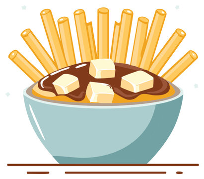 Poutine Bowl with Fries Gravy Cheese Curds Cartoon Style Drawing Illustration