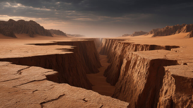 Cursed desert landscape with cracked cliff and deep canyon under dark sky