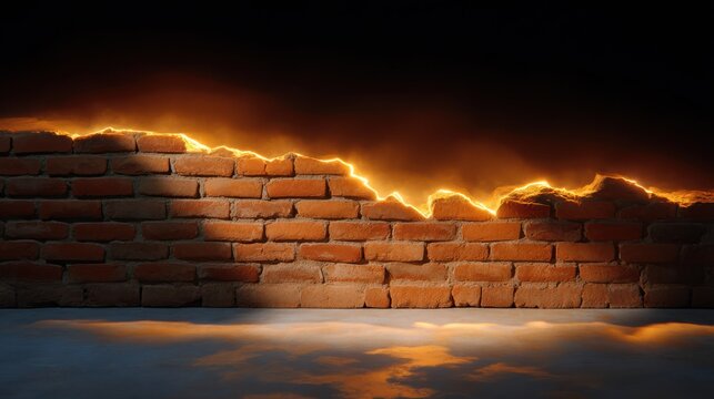 A brick wall with a jagged top edge glows with bright fiery light behind it, casting dramatic shadows on a smooth surface.