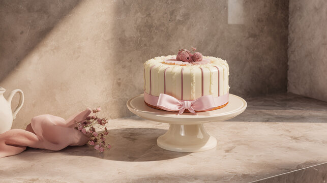 Birthday cake with pastel balloons and soft festive backdrop