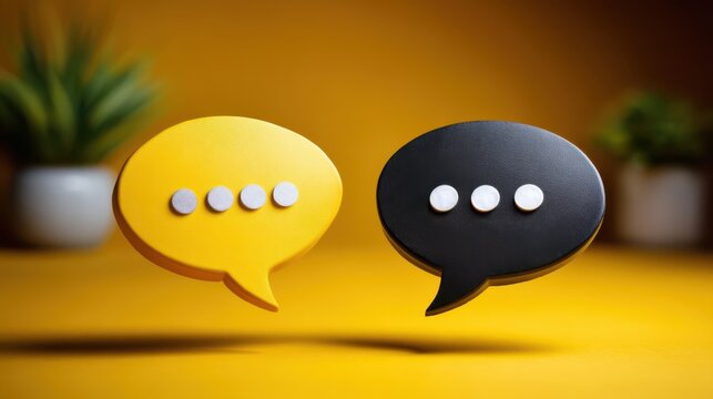 Two 3D speech bubbles, one yellow and one black, with ellipsis inside, symbolizing communication against a blurred background with plants.