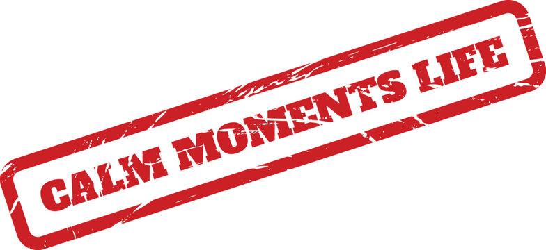 A distressed red rectangular stamp presenting the words CALM MOMENTS LIFE symbolizing existence and well being