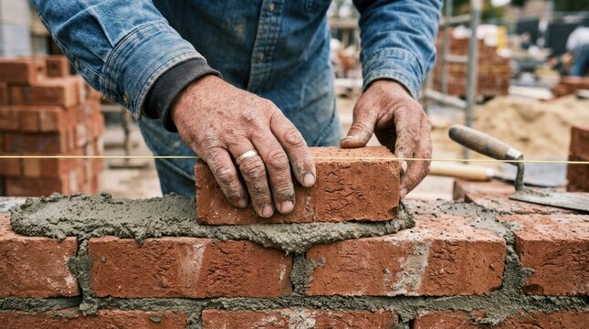 A bricklayer's hands placing a brick on a wall with a trowel in the background.