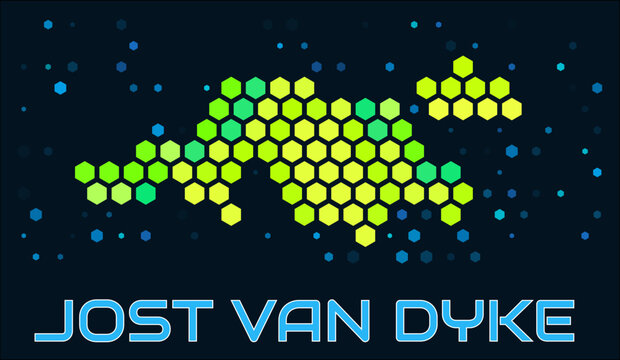 Jost Van Dyke hexagon dots map. Virgin Islands (UK). Digital style shape of the island. Jost Van Dyke map and title. Large green colored hexagons, sparse blue dots at background. Vector Illustration.