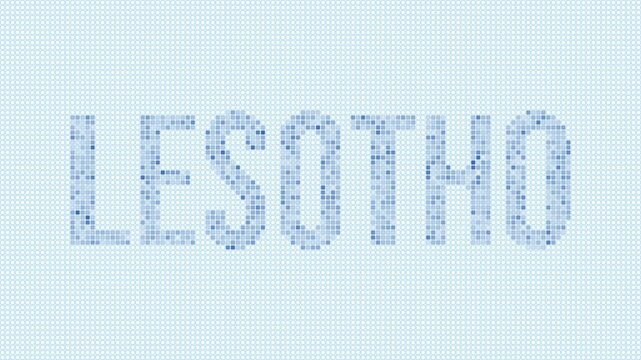 Lesotho dotted map animation. Digital style shape of the country. Lesotho shape and title dots appear with bulb flickering effect. Intro, outro, logo, title video.
