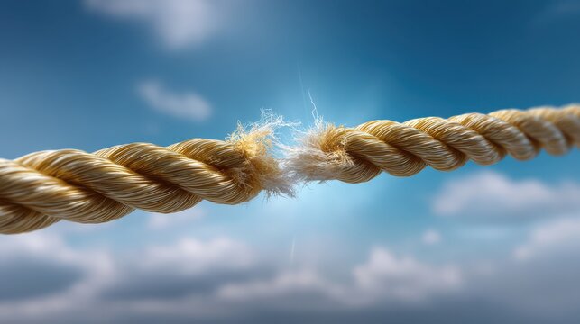 A close-up image of a fraying rope against a blurred blue sky background, symbolizing tension and potential breakage.