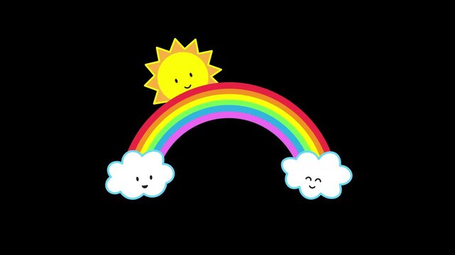 rainbow cloud and sun animation, looping motion graphics, cute cloud and sun emoji cartoon concept, 4k video