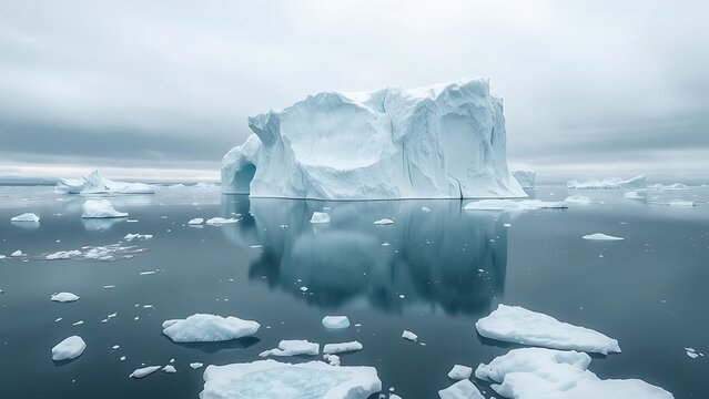 cronyism. A massive iceberg floating in a calm polar sea surrounded by smaller ice pieces. ESG reports, sustainability campaigns, designed for sustainability communications and ESG reporting.