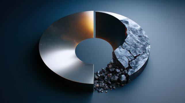 A metallic circular object partially broken into chunks with a reflective surface, placed on a dark background.