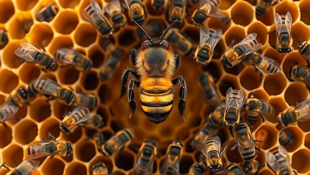 diploid. A queen bee surrounded by worker bees in a honeycomb during golden hour. wildlife magazines, conservation campaigns, designed for nature documentaries and education.