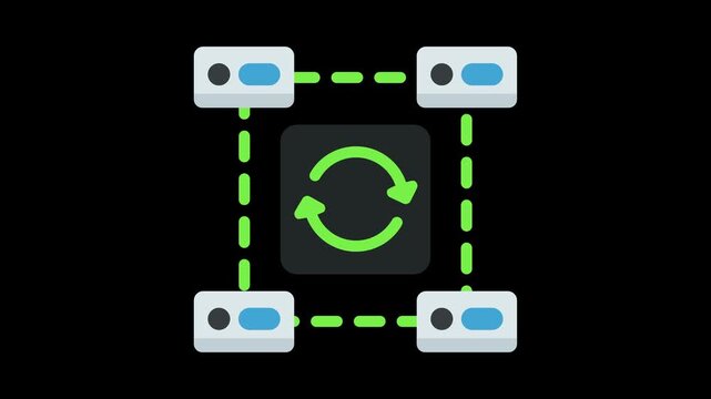 Abstract network diagram illustrating decentralized nodes with a circular sync arrow icon in the middle core