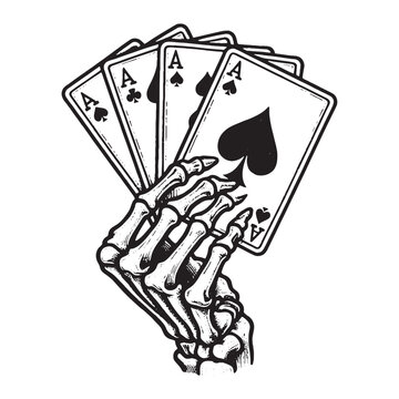 Skeleton hand holding four aces poker cards vintage illustration.