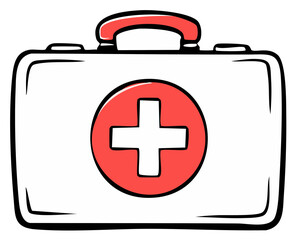 Obraz premium Cartoon illustration of a medical first aid kit with red cross symbol.