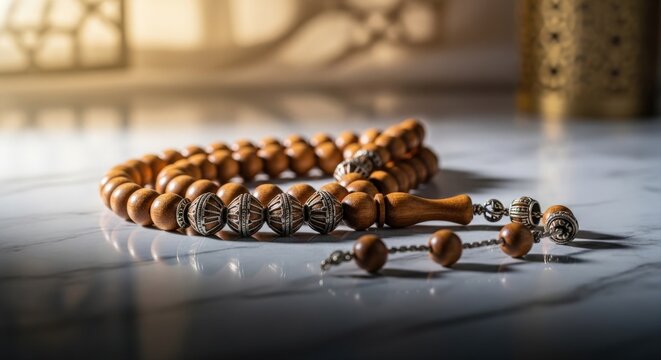 Islamic prayer beads (misbah) with wooden beads and tassel resting on a reflective surface.