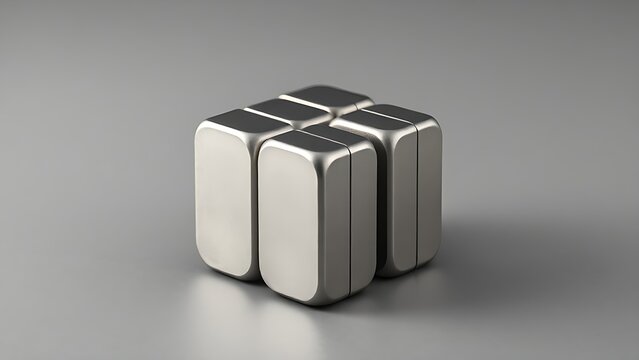 ferromagnetic. A solid cube formed by powerful silver-gray magnets on a plain background. STEM education sheets, lab safety posters, designed for biotech research communications.