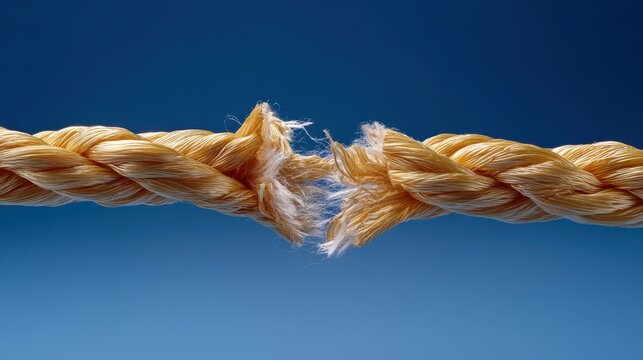 Close-up of a fraying rope against a clear blue sky, symbolizing tension or impending breakage.