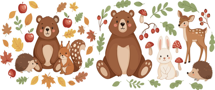 Cute woodland animals vector illustration set with bear, deer, bunny, squirrel and hedgehog, autumn forest characters with leaves and berries isolated on white background