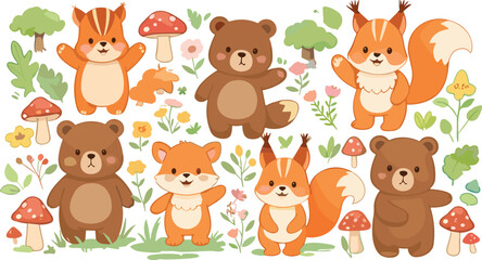 Fototapeta premium Cute woodland animals vector illustration set with bears, foxes and squirrels, forest characters with flowers and mushrooms isolated on white background