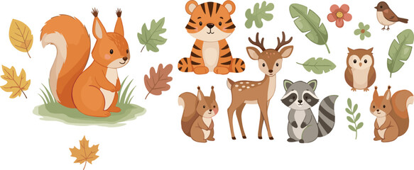Fototapeta premium Cute woodland animals vector illustration set with squirrel, tiger cub, deer, raccoon and owl, forest wildlife characters with leaves isolated on white background