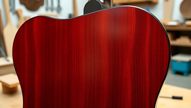 padauk. Polished padauk wood guitar backplate with intricate grain in a woodworking studio. tutorial guides, club newsletters, designed for tourism and weekend activity guides.