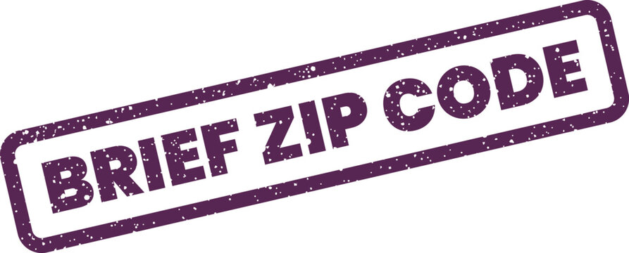 A rectangular rubber stamp with a vintage grunge texture displaying the words BRIEF ZIP CODE for address details