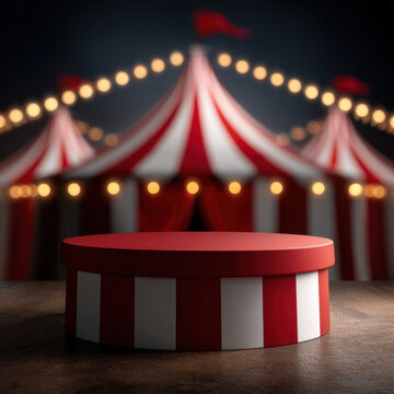Empty red and white circus podium in front of striped tent with lights, festive stage display, blurred background