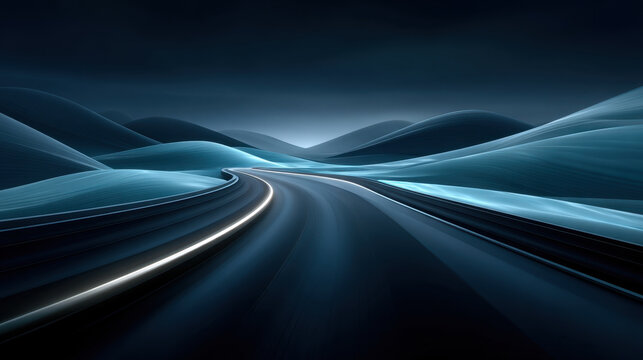 Blue road path curving highway abstract landscape night scene modern design motion blur futuristic lane dark background glowing line digital art